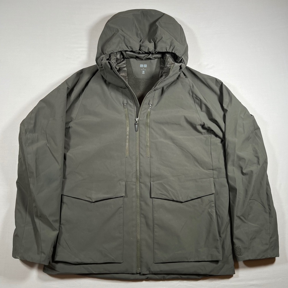 Uniqlo Mens Hybrid Down Parka Olive Green Hooded Jacket Medium